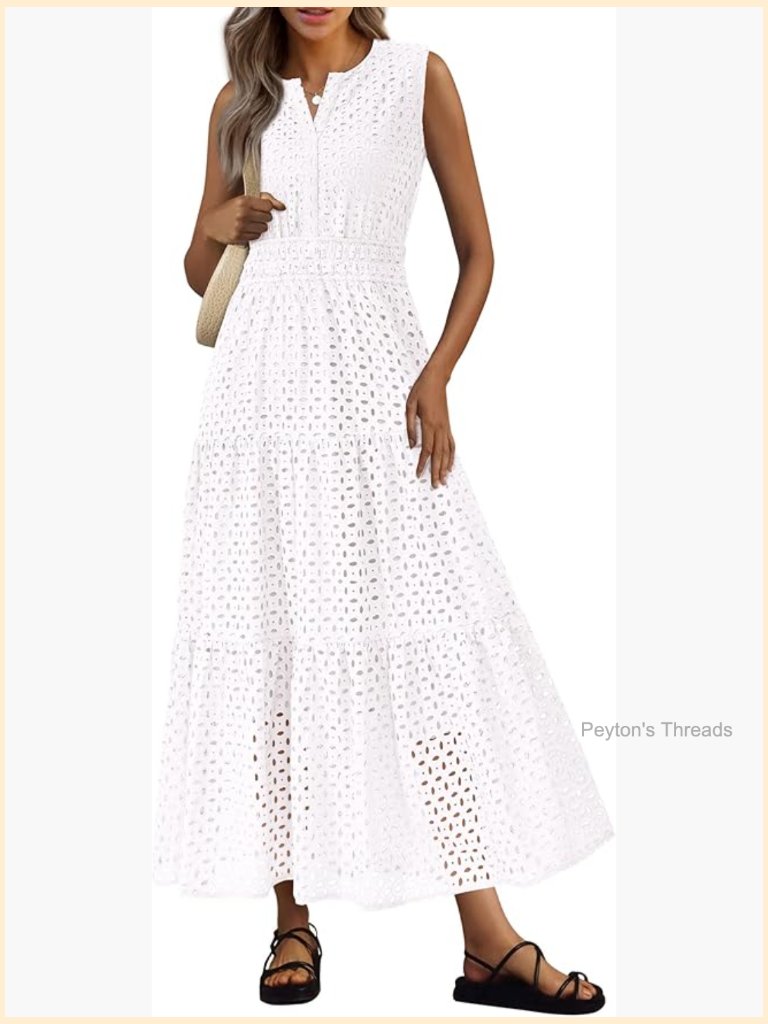 Maxi Dress Sleeveless V-Neck Eyelet A-Line Flowy Long Sundress